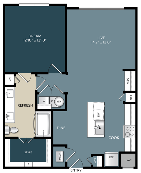 Floor plan for 1 bed, 1 bath, 888 sqft